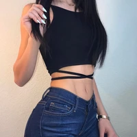 womens short sleeveless sexy blouse black top with shoelaces and ties summer fashion 2019