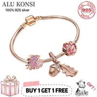 100%925 sterling silver european fashion pan charm beaded rose gold bracelet diy bangle for women couples original gift jewelry