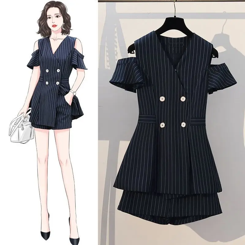 

Женский комплект из двух предметов в полоску, повседневное офисное платье мини в Корейском стиле с коротким рукавом и шортами, 2021