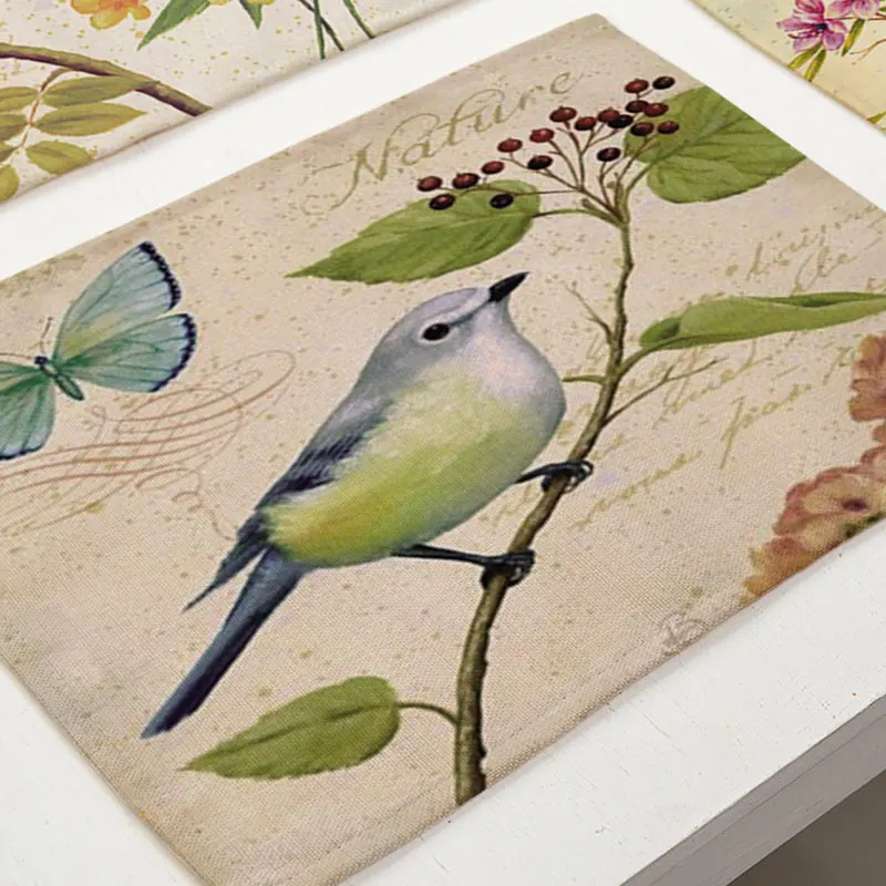 

1Pc Fashion Dining Placemat 42*32cm Coasters kitchen Pads Cotton Linen Bird Branch Pattern Home Decor Table Mat Bowl Cup Mats