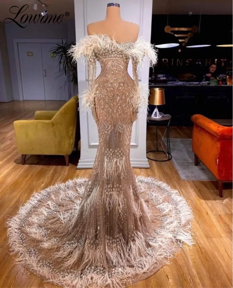 

Lowime Feathers Crystals Beaded Mermaid Evening Dresses Couture 2021 Middle East Dubai Arabic Celebrity Dress Long Party Gowns