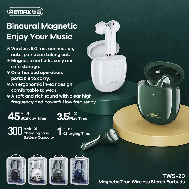 

Original Remax new TWS-23 Bluetooth headset true wireless semi-in-ear binaural magnetic HiFi music mini long standby