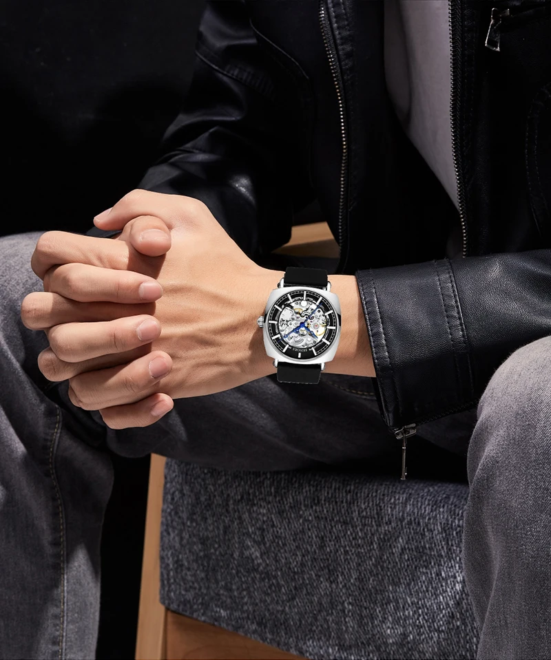 SENORS Новый Для мужчин часы циферблат Скелетон квадратные Водонепроницаемый