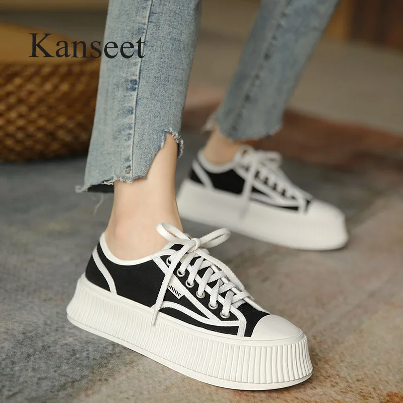 

Кроссовки Kanseet женские с круглым носком, повседневная холщовая обувь на платформе, на шнуровке, черные, на плоской подошве, осень 2021