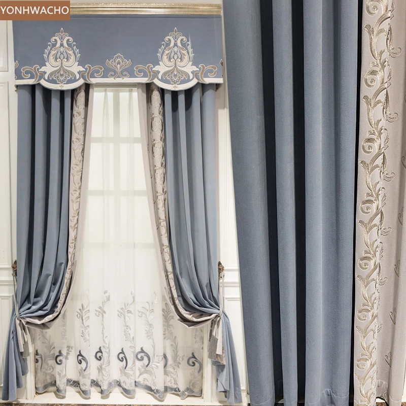

Custom curtain living room palace flannel embroidery stitching blue velvet cloth blackout curtain valance tulle panel C541