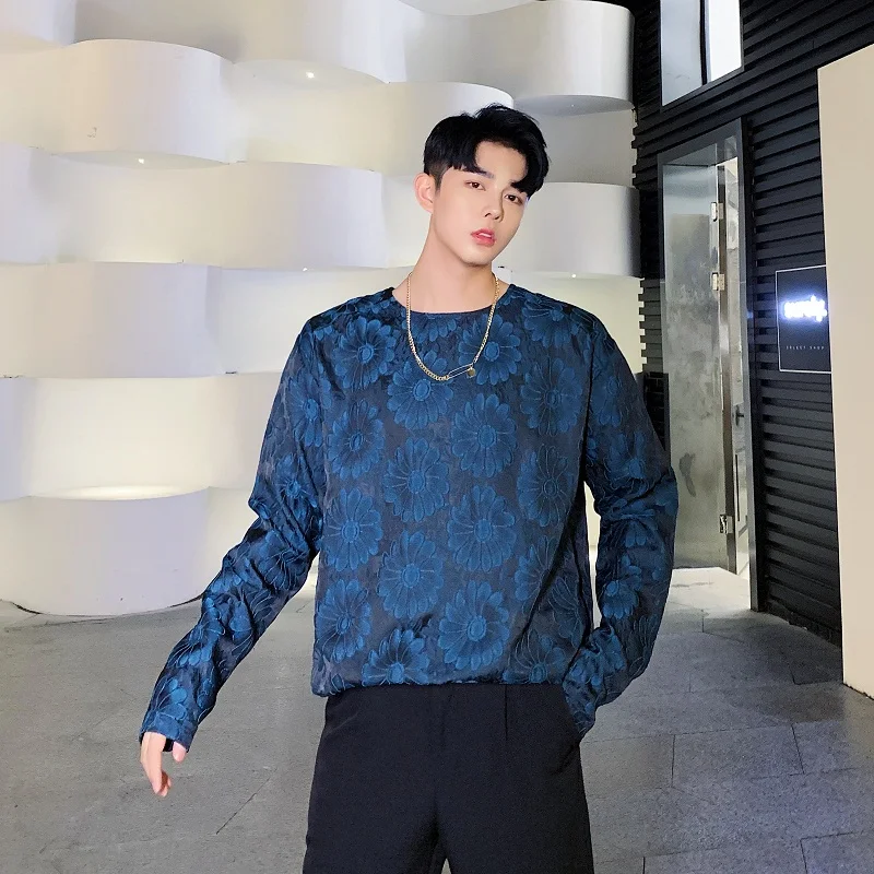 

Men Satin Style Casual Long Sleeve Pullover Tops Tees Shirts Male Vintage Flower T-shirt Blue Tshirt