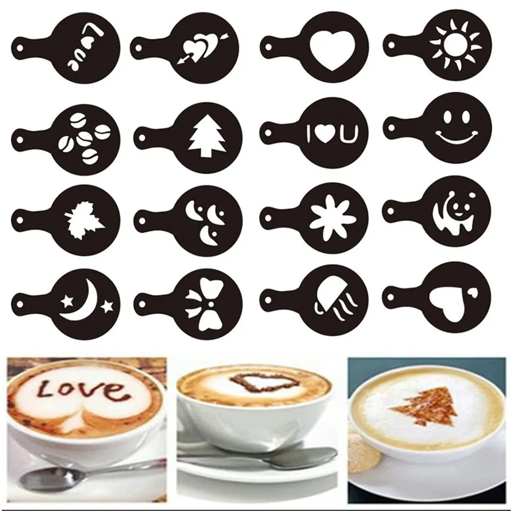 

16pcs Coffee Milk Gift Cupcake Stencil Template Mold Coffee Barista Cappuccino Template DIY Fondant Sugar Craft Decorating Tool