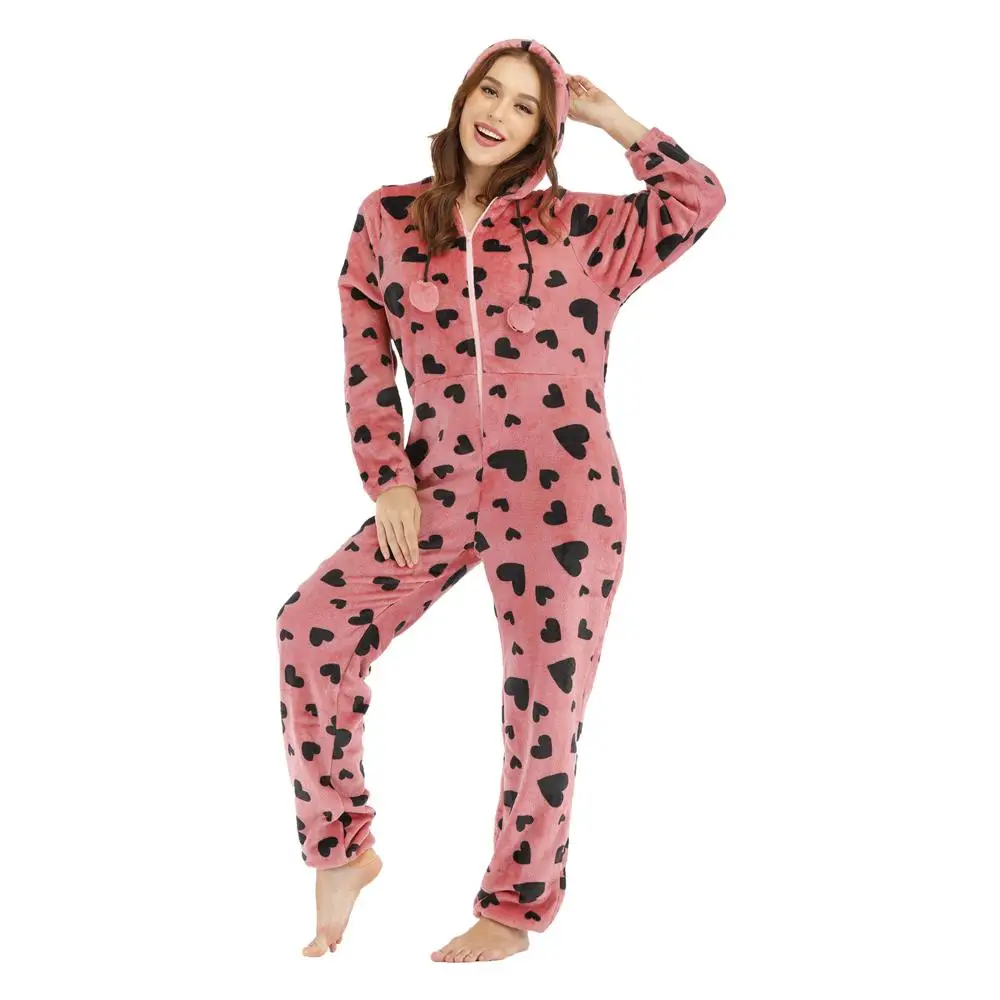 Rose Red Women Onesies Pajama Casual Flannel Autumn Winter Jumpsuits Streetwear Black Love Print Pyjamas Loose Homewear Female