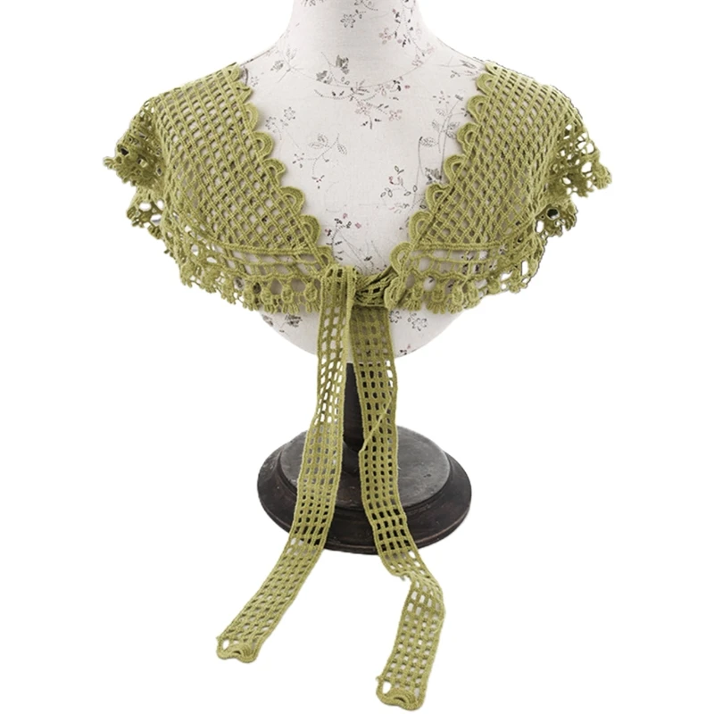 

Rustic Style Hollow Out Plaid Grid Shawl Wrap Women Girls Sweet Solid Color Crochet Fake Collar Necklace Tie Knot Front Lace