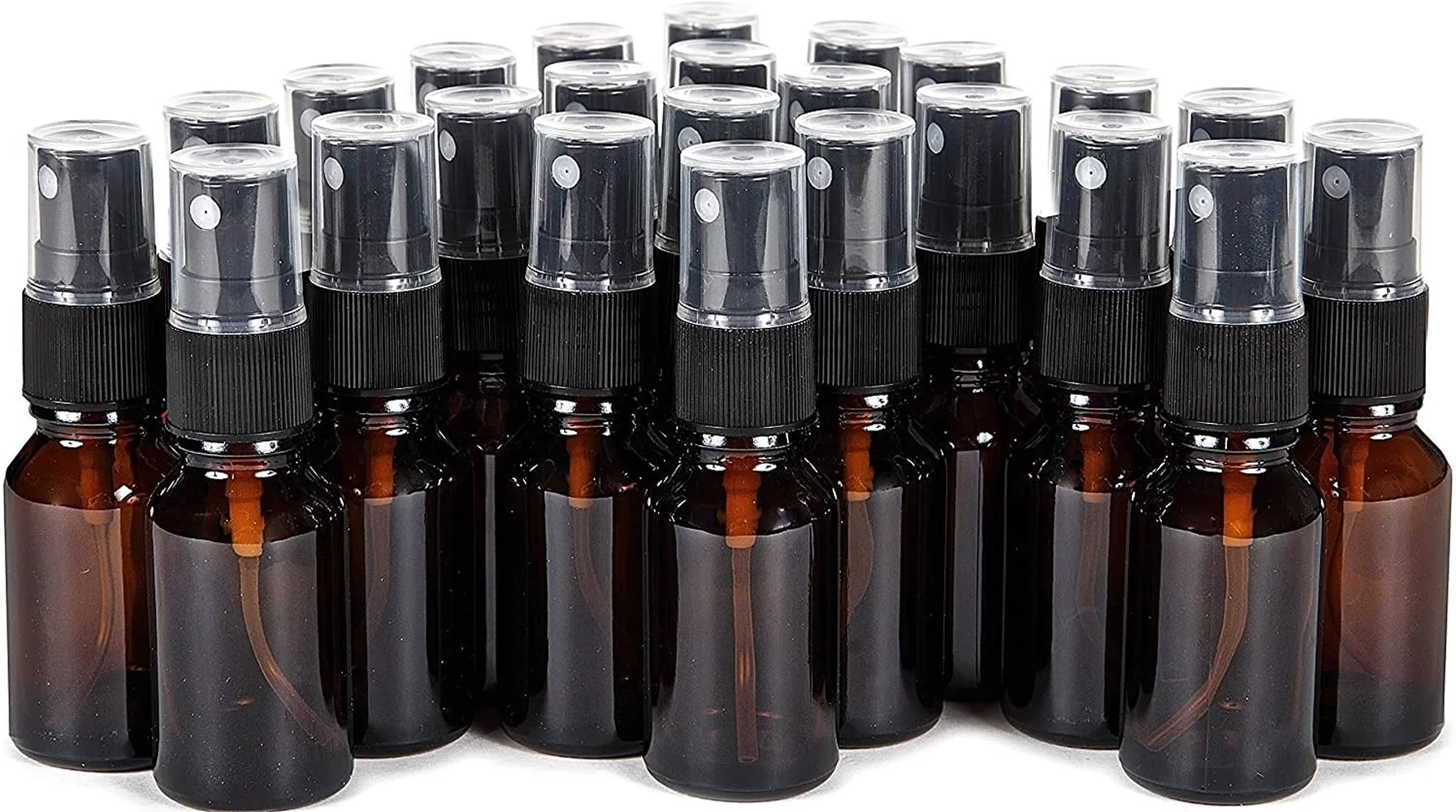 

24Pcs 15ml Travel Size Amber Glass Fine Mist Spray Bottles Cosmetic Containers with Black Sprayers for Essential Oils Cleaning