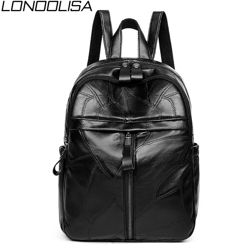 Простой женский черный рюкзак из мягкой натуральной овечьей кожи школьные сумки
