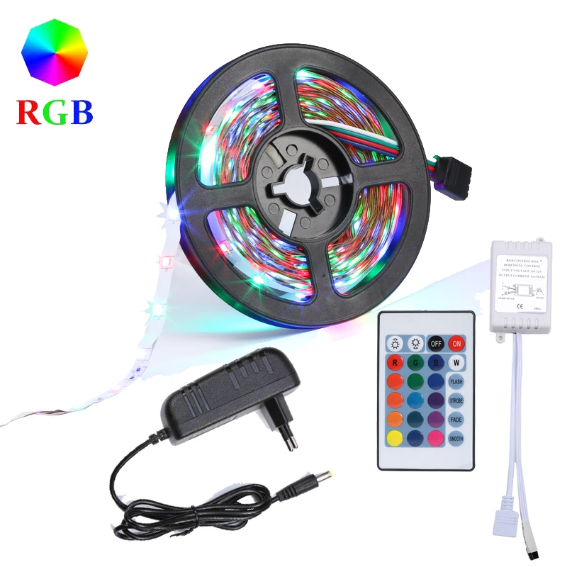 

Светодиодная лента RGB SMD2835, водонепроницаемая LED полоска с диодами и пультом дистанционного управления 24 клавиши, 12 В постоянного тока, 5 м