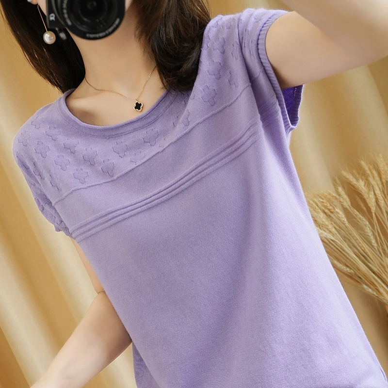 

New Spring And Summer Cotton Knitted T-Shirt Women Loose Large Size Short-Sleeved Round Neck Half-Sleeved Knitted Sweater Top