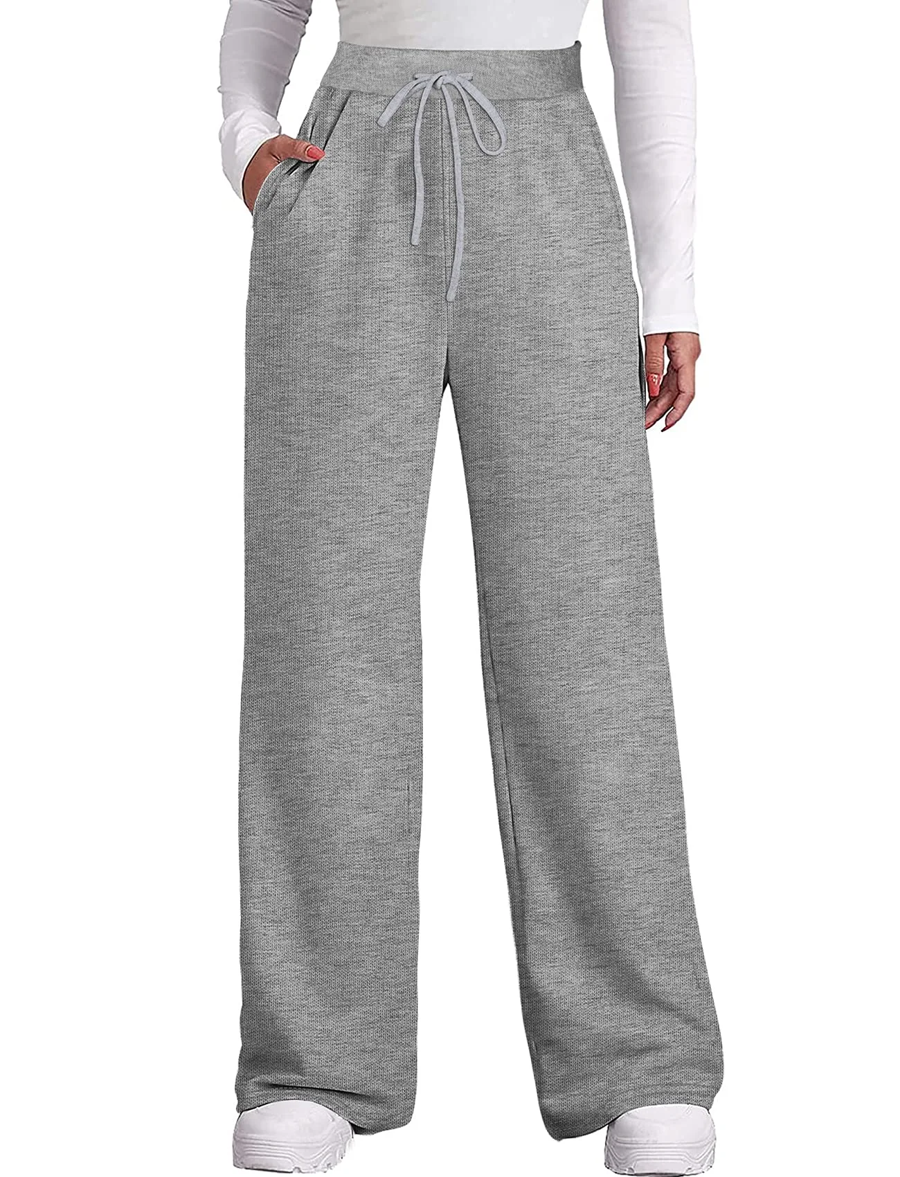 

Women sports all-match solid color pocket casual drawstring trousers(gray)