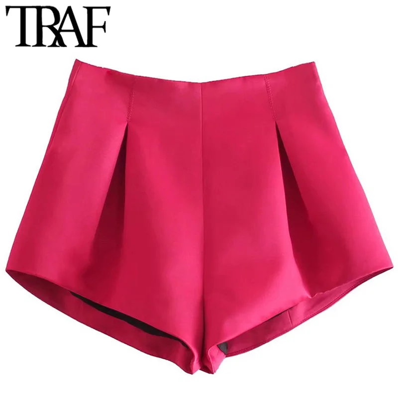 

TRAF Women Chic Fashion Front Pleated Bermuda Shorts Vintage High Waist Back Zipper Female Short Pants Mujer