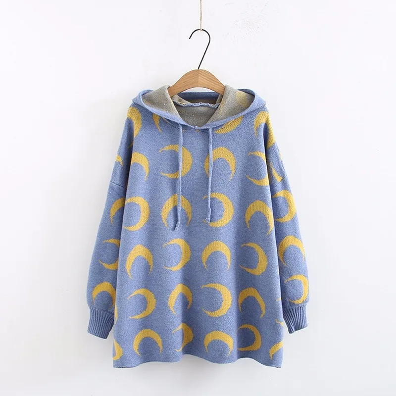 

Urifens Girl Moon Print Hooded Sweater Women Hooded Collar College Sweet Style Computer Knitted Sweater Ruched Female LBJ0817