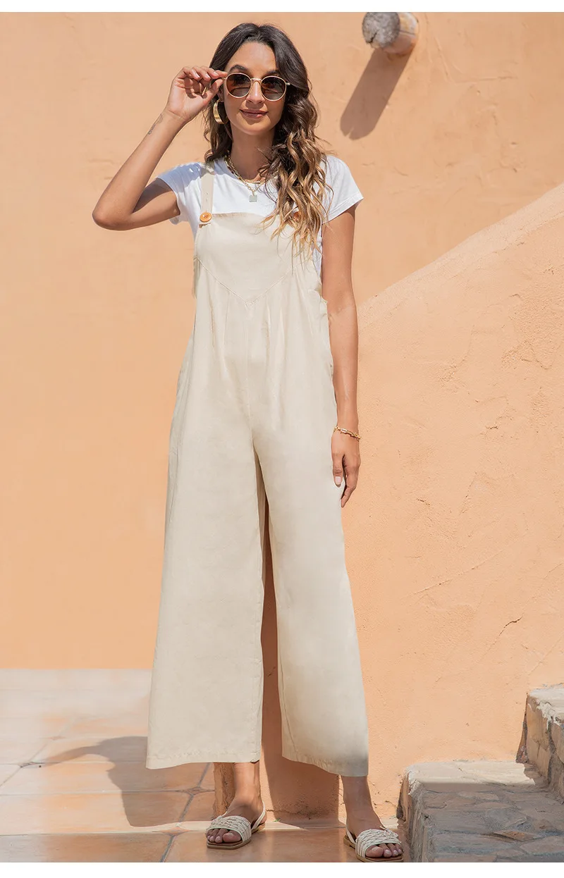 

European And American Women's Summer New Products Pure Color Casual Fashion Club Retro Casual Strap Wide-leg Trousers Pantalon