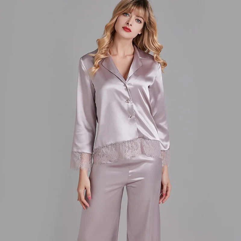 

Satin Lace Patchwork Pajamas Set Women New Sleep Set Casual 2PCS Sleepwear Female Leisure Pyjamas Suit Casual Nightwear