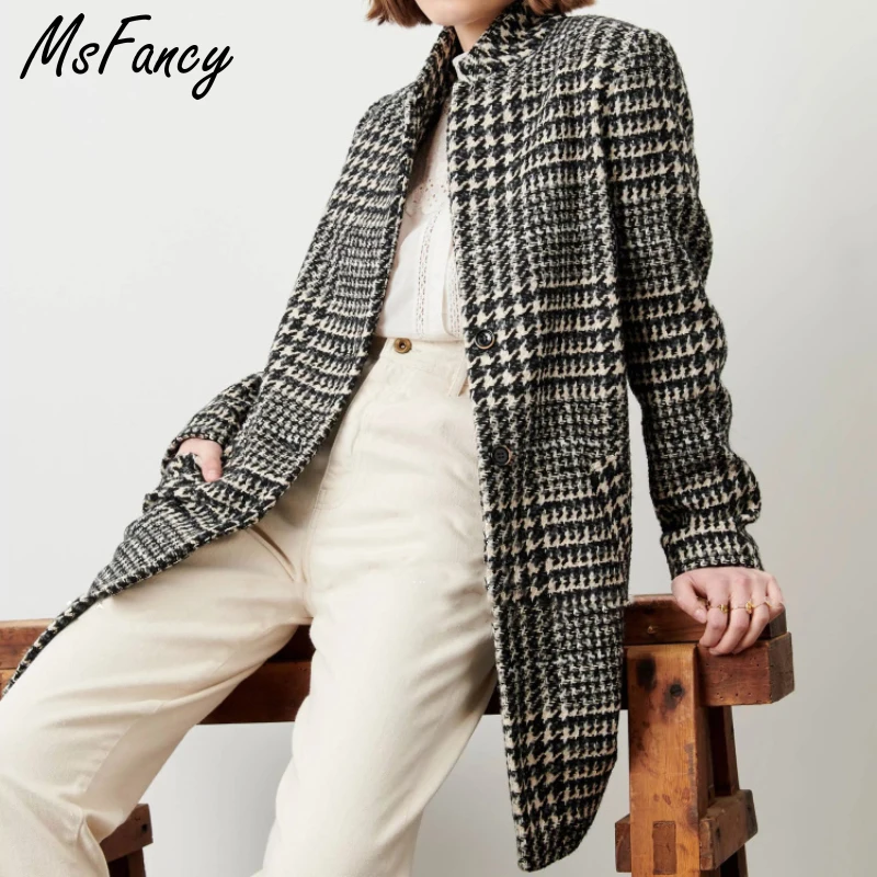 

Msfancy Plaid Wool Blend Coat Women Stand Collar Long Sleeve Jacket 2021 Winter Ladies Elegant Outwear