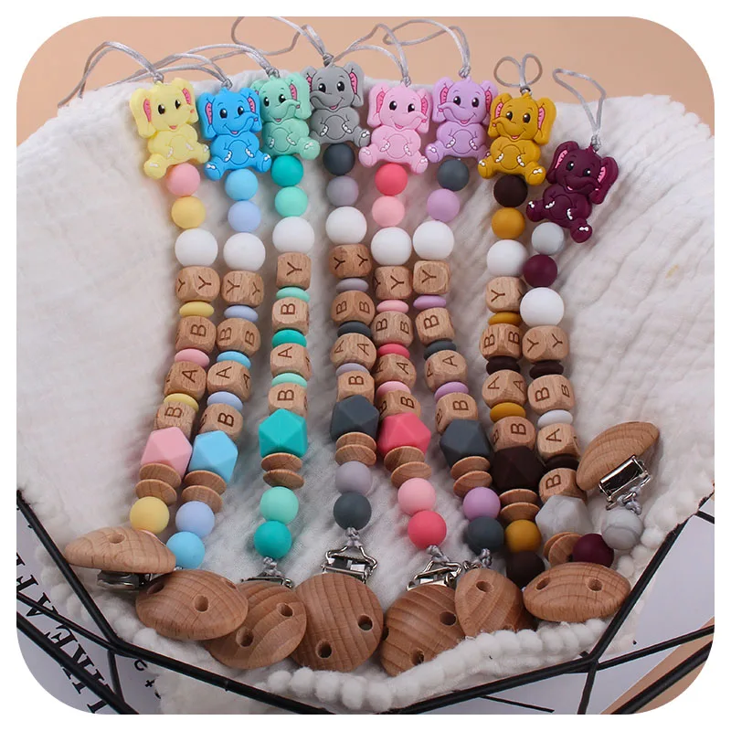 

Personlized Baby Name Beech Wooden Clip Baby Pacifier Clips Dummy Holder Nipple Chain