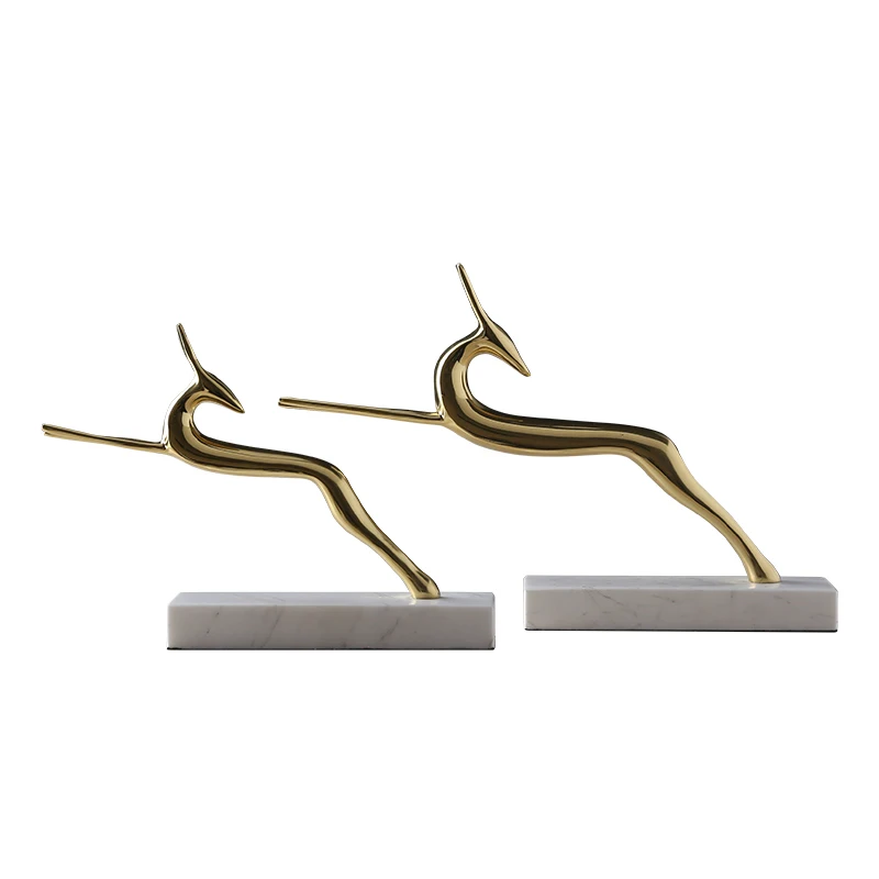 

Deer Copper Europe Marble Sculpture Metal Wedding Home Decor Morden Office Desktop Set Animals Figurines Home Decoration KK60HD