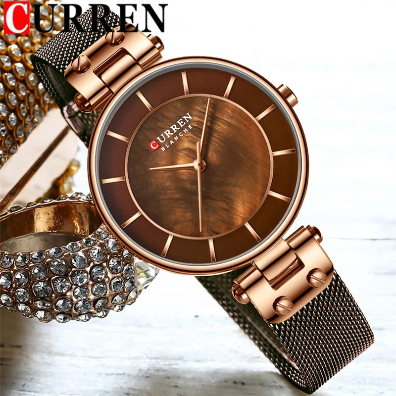 Женские наручные часы CURREN серебристые водонепроницаемые с сетчатым браслетом из