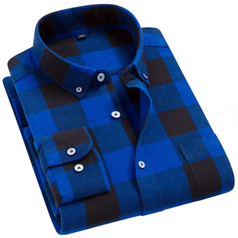 

100% Cotton Flannel Men's Plaid Casual Shirt, Regular-fit Long-sleeved Button-down Collar Shirt, Spring Autumn Male Social Shirt