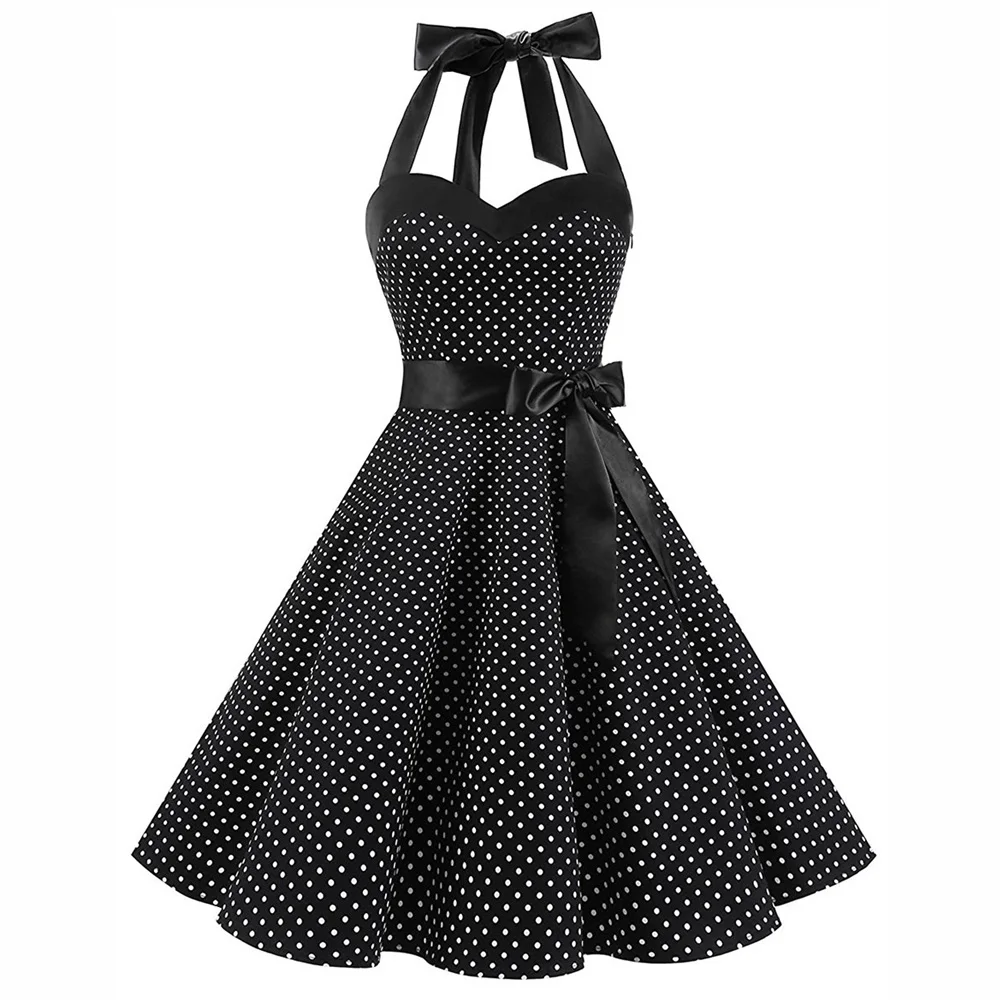 Винтажное женское платье в горошек с лямкой на шее|Женские платья| |