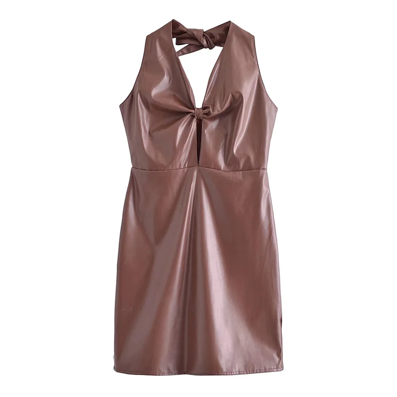 

Woman Sexy Brown Halter Pu Short Dress 2021 Autumn Female Slim Backless Club Dresses Ladies Fashion Solid Hollow Out Mini Dress