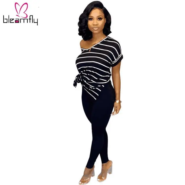 Осенне летний женский костюм в полоску с v образным вырезом футболка брюки