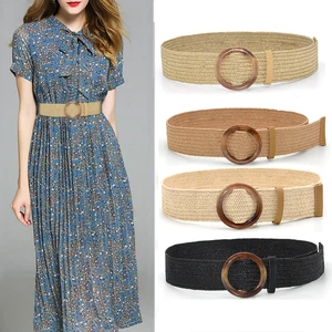 Винтажный Плетеный ремень в полоску в стиле бохо, однотонный, Круглый, с деревянной пряжкой, пояс из искусственной вязки, широкие ремни для женщин, платья, аксессуары