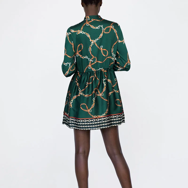 Женское мини платье с принтом цепей Za повседневное зеленое длинным рукавом для