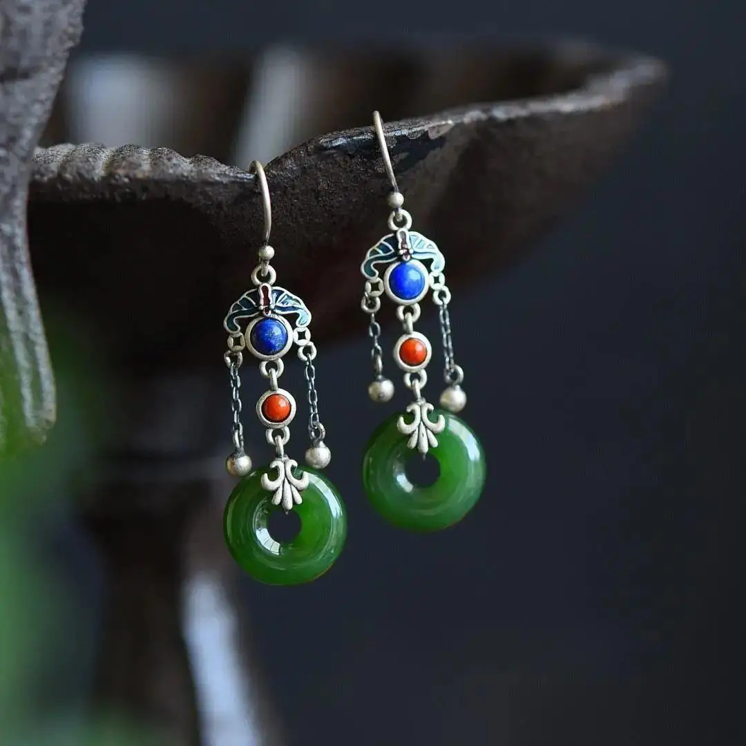 

Vintage Earrings Classical Chinese Style Hetian Jade Peace Buckle Earrings Female Sterling Silver Tassel Jasper Peace Buckle Ear