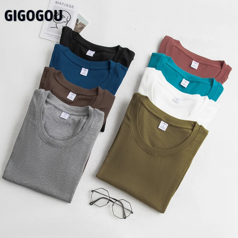 

GIGOGOU Fashion Spring Summer U Neck Women Pullover T Shirt Half Sleeve Cotton Ribbed Tops S-3XL ladies Tshirt