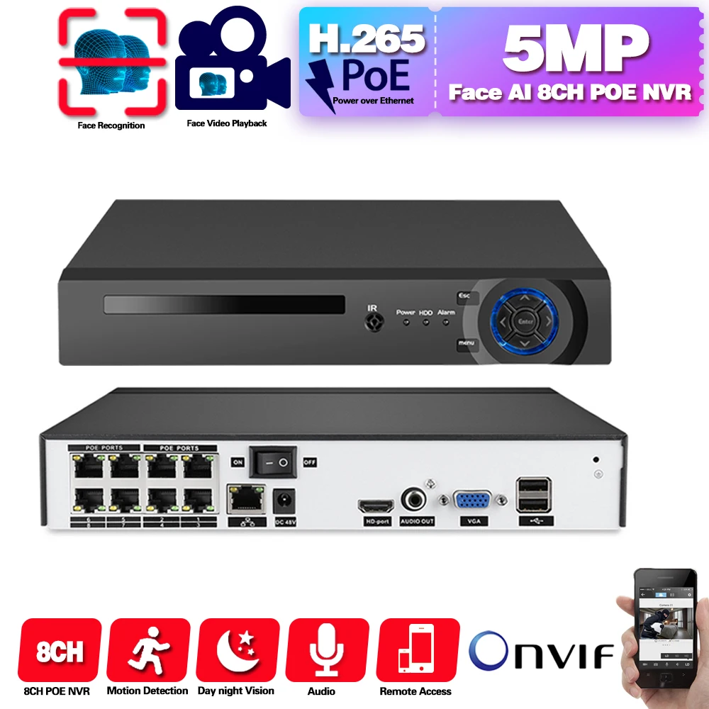 Камера видеонаблюдения H.265 8 каналов POE запись лиц и воспроизведение NVR IP P2P ONVIF 5