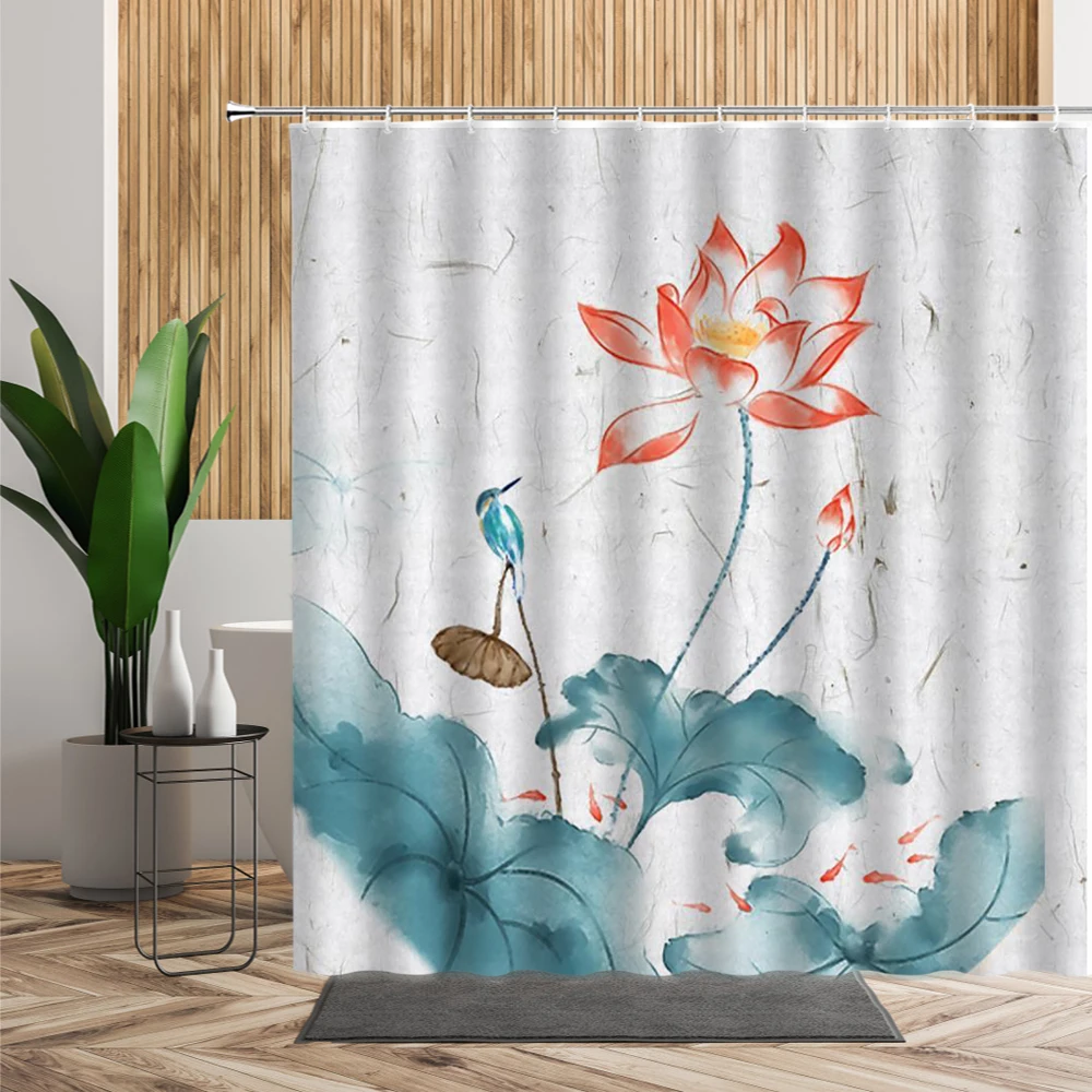 

Занавеска для душа в китайском стиле, водонепроницаемая ткань с рисунком лотоса, бамбука, пейзажа, 3d-принт, с крючками