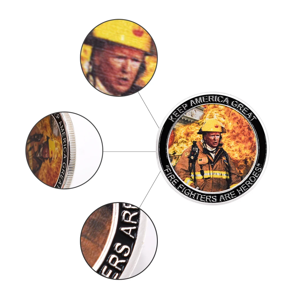 

US President Trump Firefighter Silver Metal Coins Challenge Coin Collectibles American Style Gifts for Collections 1pcs