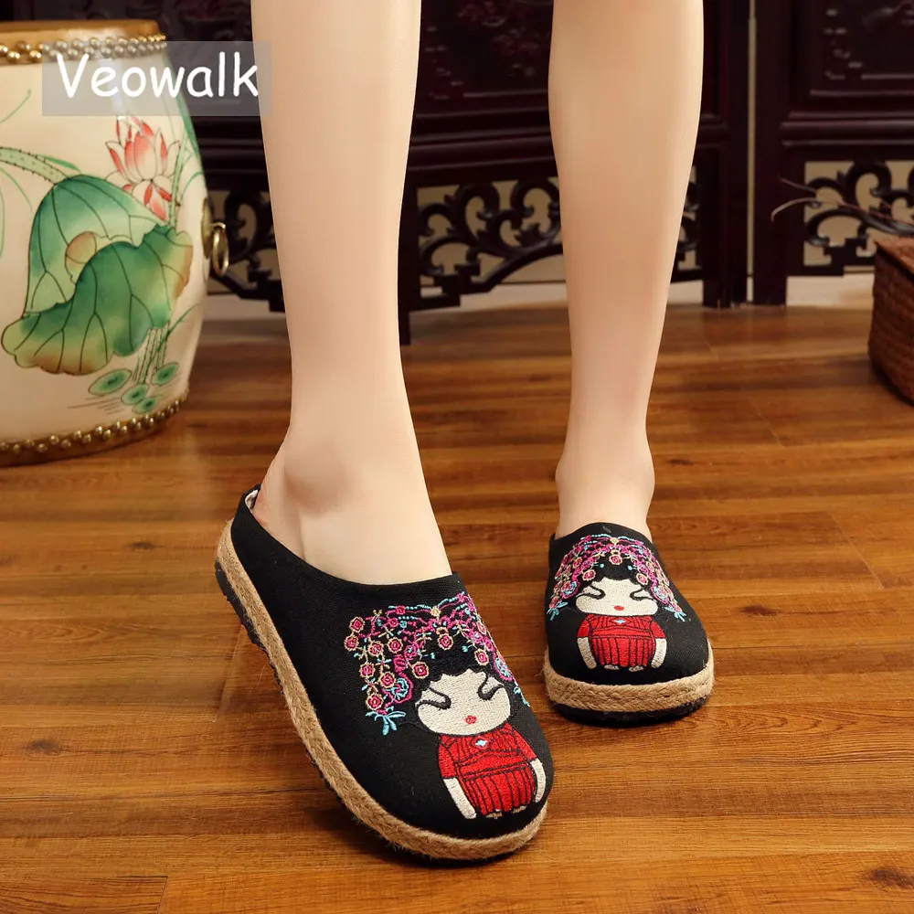 Сланцы Veowalk женские с мультяшной вышивкой милые льняные хлопковые тапочки летняя