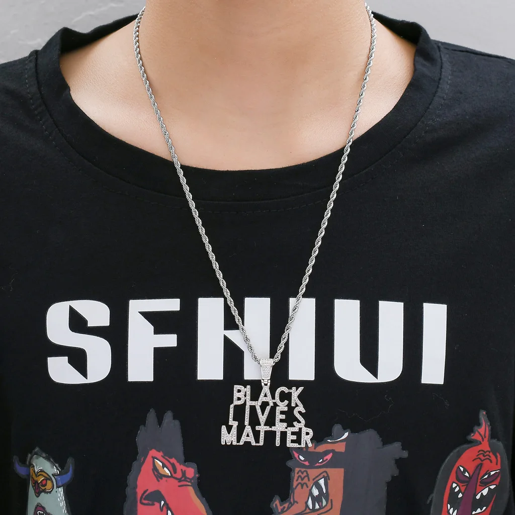 

TOPHIPHOP New Letter BLACK LIVES MATTER Pendant Necklace Full of Zircon Bling Men's and Women's Hip Hop Necklaces