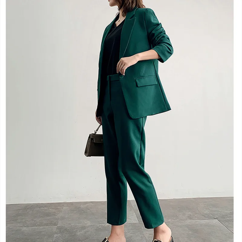 

Women Autumn Solid Elegant Blazer Suit OL Single Button Blue Pants Suit Female Formal Office Suits Work Elegant Suits