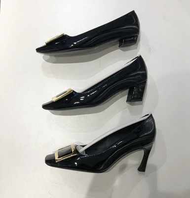 Black-2cm Junetxin/женские туфли-лодочки из натуральной кожи без шнуровки обувь с квадратным носком и металлической пряжкой женские демисезонные туфли-лодочки однотонные туфли на высоком каблуке - Цвет: Black-2cm