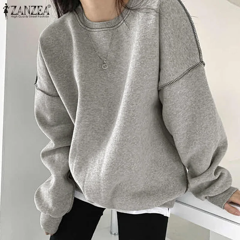 

Женский пуловер оверсайз с круглым вырезом, модный топ ZANZEA с длинным рукавом, Женская Повседневная однотонная толстовка, весенние осенние м...