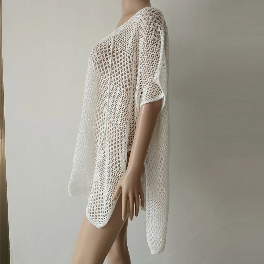 

Lady Swim Cover-Ups Fashion Women Top Tunic V-Neck Sunscreen Hollow Beach Dress Smock Knitting Pure Color Swimwear Blouse Pareos