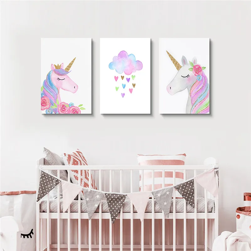 

Set of 3 Pink Unicorn Wall Art Kids Room Framed Poster Print Gold Girls Room Decor Nursery Cartoon Baby Bedroom Canvas Painting
