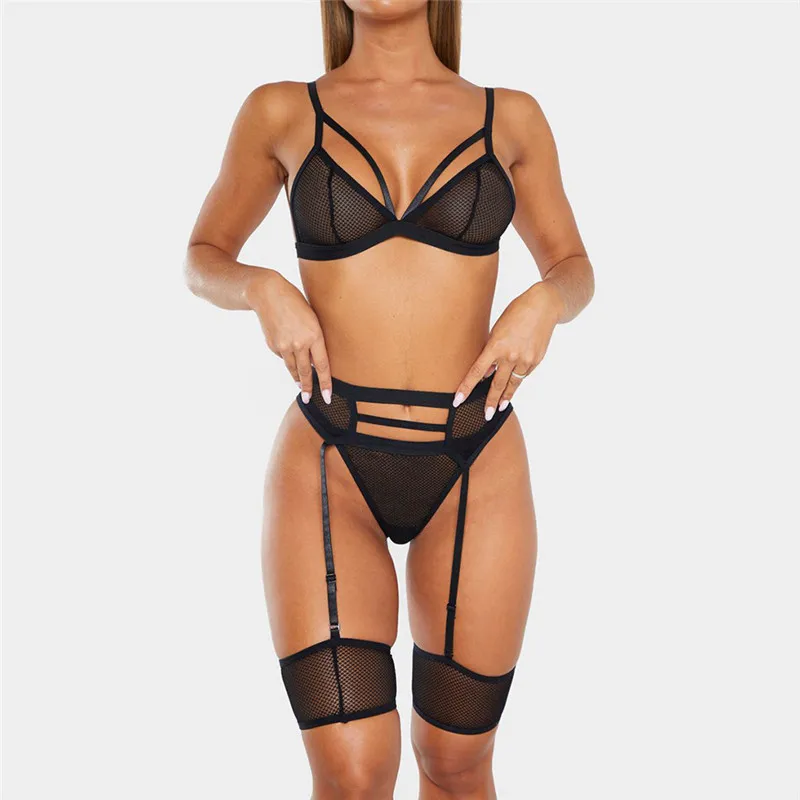 

Net Red Section Show Thin Lace Mesh underwear three-piece set of beautiful close-fitting suit