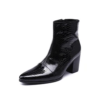 men high heels embossed patent leather boots shoes mens pointed toe zipper black snakeskin pattern boots big yards 44 45 46