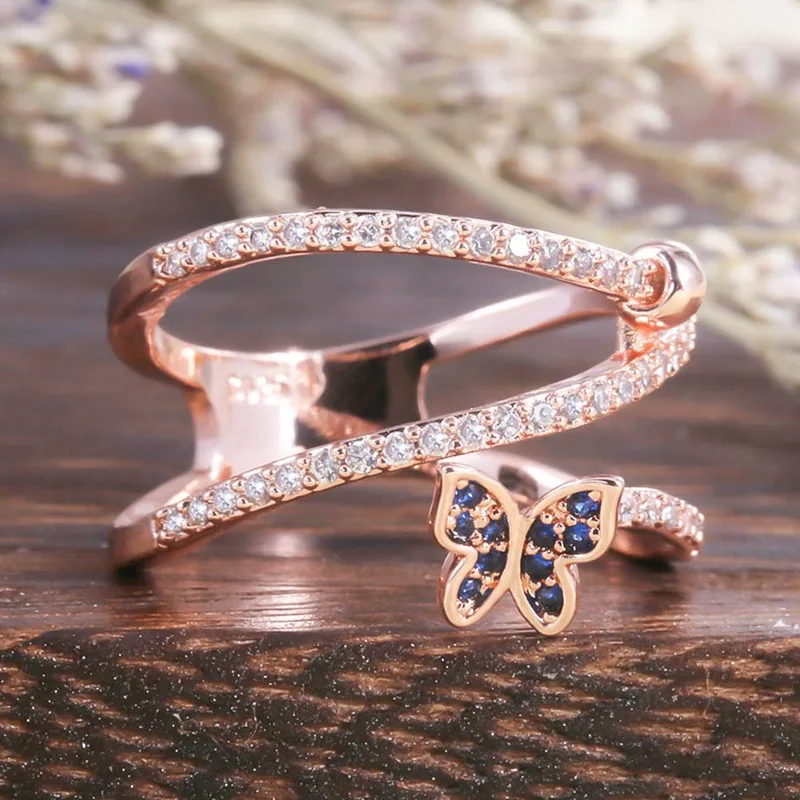 Модное кольцо в виде бабочки из розового золота мозаичные кольца с белым