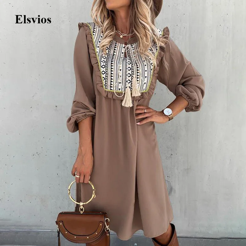 

Women Elegant Patchwork Ruffle Shirt Dress Spring Summer Casual Long Sleeve Loose Dress Fashion O-Neck Tie-up Tassel Party Dress