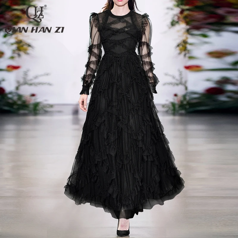 Qian Han Zi fashion runway maxi dress Long sleeved retro Mesh lace ruffled High-elegant slim Long dress women new spring autumn