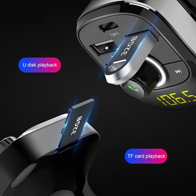 Автомобильный bluetooth-адаптер для громкой связи, автомобильный комплект, автомобильный телефон, динамик, беспроводной fm-передатчик, воспроизведение музыки, порт для зарядки type-C